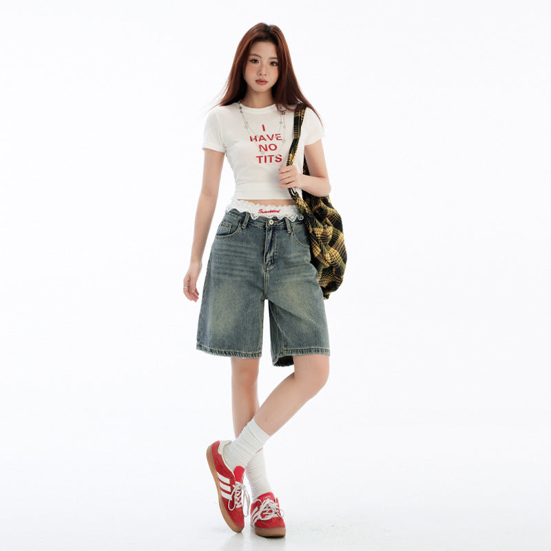 Womens Retro Blue High-Waisted Straight-Leg Cropped Denim Shorts