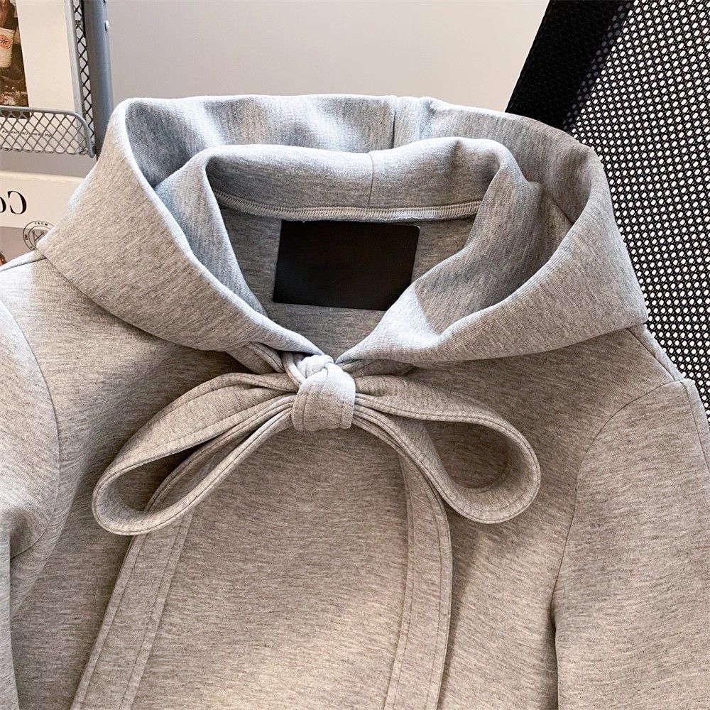 Womens Korean-style Gray Hoodie With Bow-Tie Straps