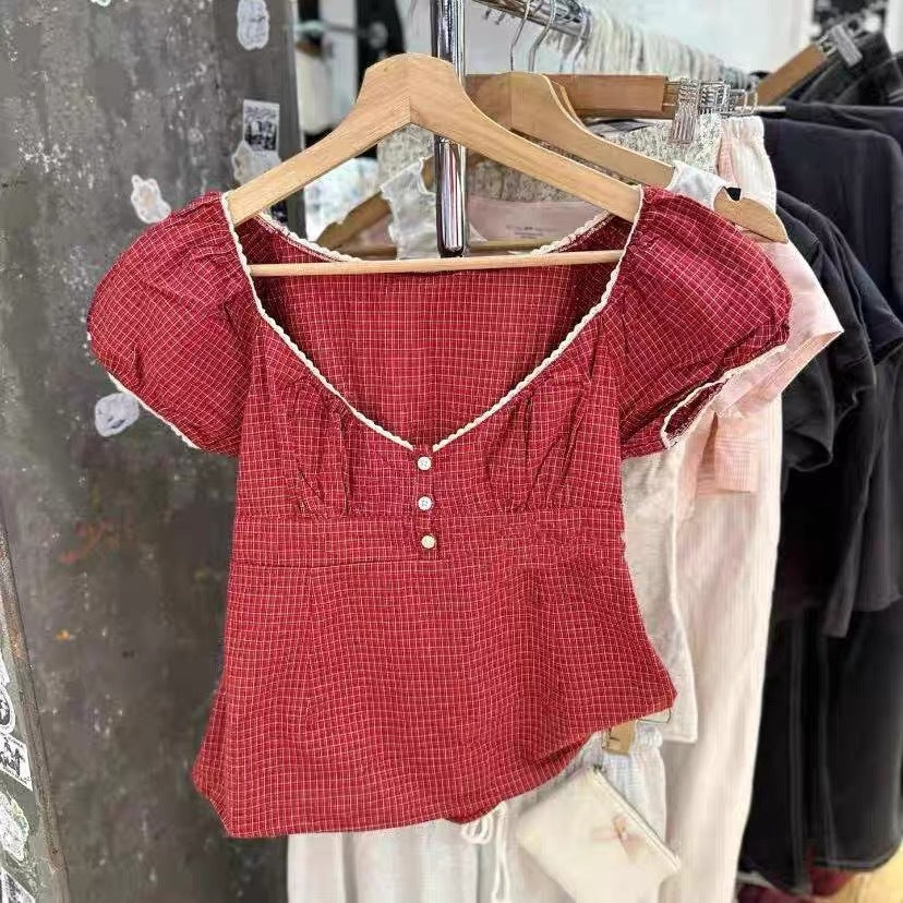 Women's Three-button Lace Collar Red Cell Pattern Short-sleeved Top