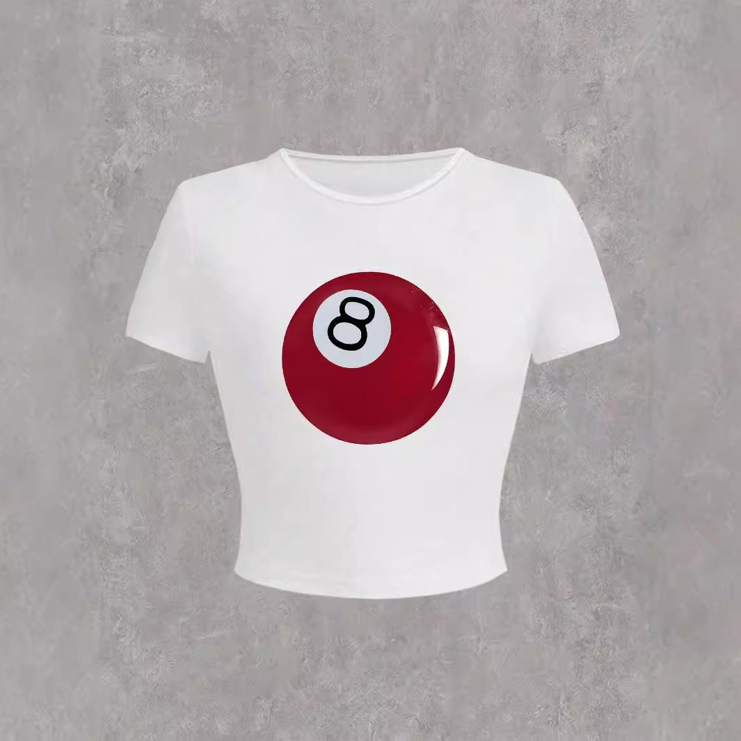 Ladies' Round Neck Casual Size 8 Ball Print Short Sleeved Shirt
