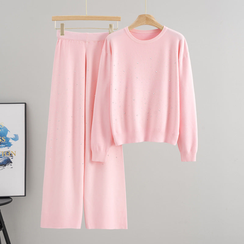 Starry Hot-Stone Round-Neck Pullover Knit Set