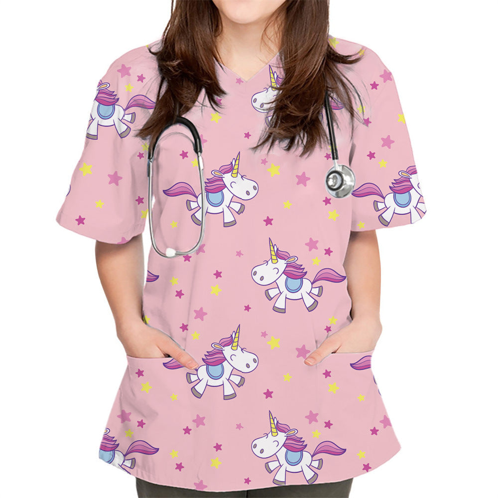V-neck Cute Plain Pattern Series 3D Cloth For Nursing Workers