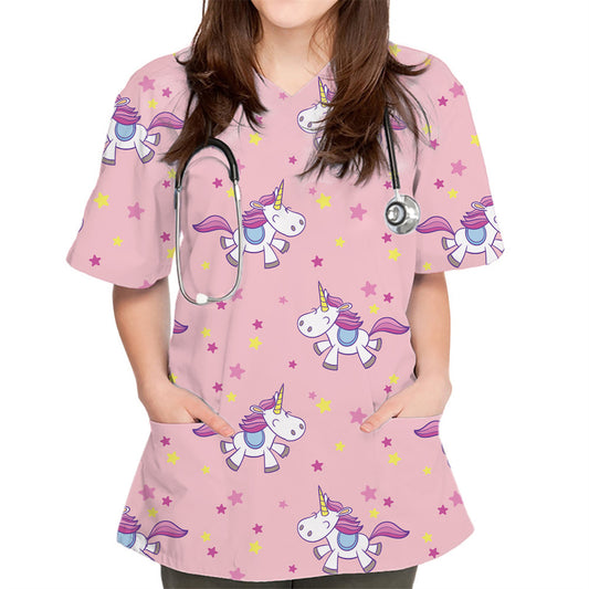 V-neck Cute Plain Pattern Series 3D Cloth For Nursing Workers