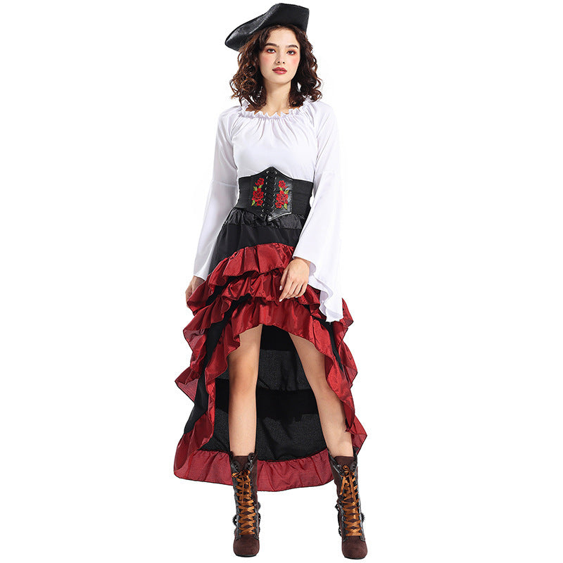 Halloween Costume Medieval Irregular Pirate Queen Waist-tightening Clothes Lotus Leaf Maxi Dress