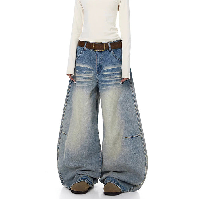 Womens Retro Washed Distressed Wide-Leg Denim Jeans In American Style