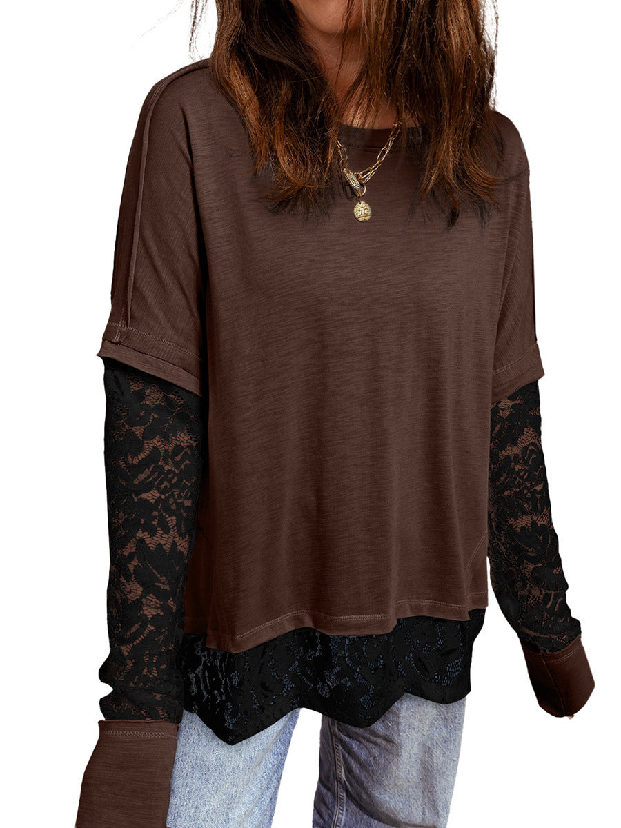 Light French Beige Sheer Lace Patchwork Casual Long-Sleeve T-Shirt