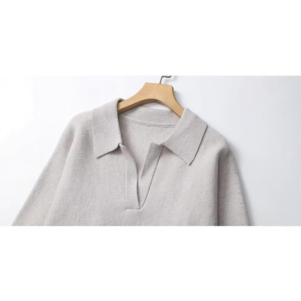 Winter Batwing Sleeve Polo Shirt V-neck Long Sleeve Wool Blended Sweater For Women