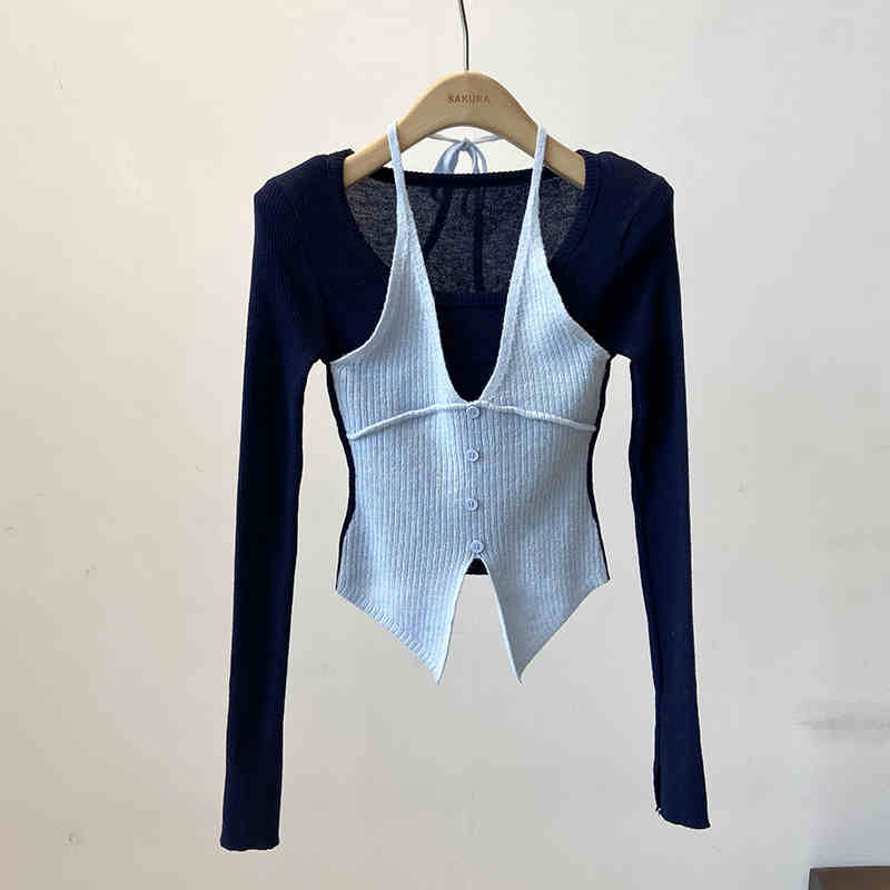Halter False Two-piece Patchwork Long Sleeve Knitwear T-shirt Top