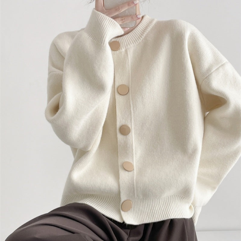 Round Neck Solid Color Loose Knitted Cardigan Women's Autumn And Winter