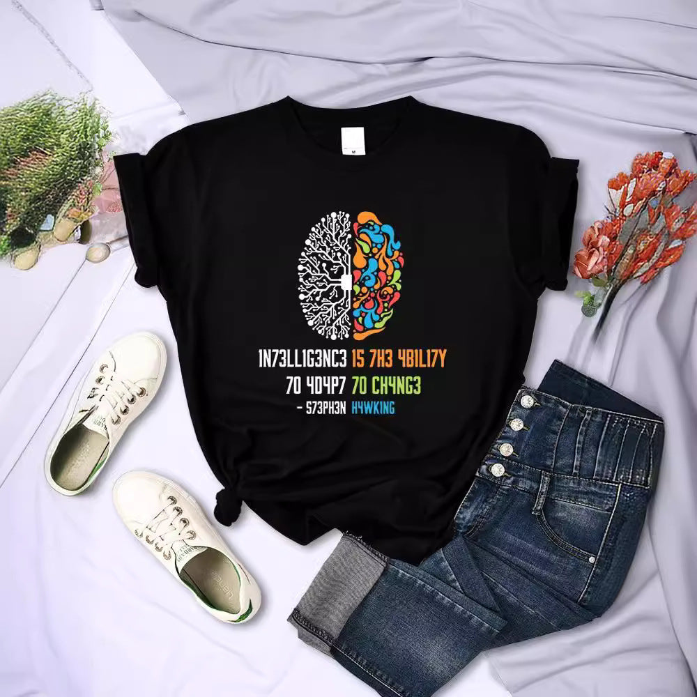 Round Neck Printed T-shirt Top Women's Breathable Short Sleeve