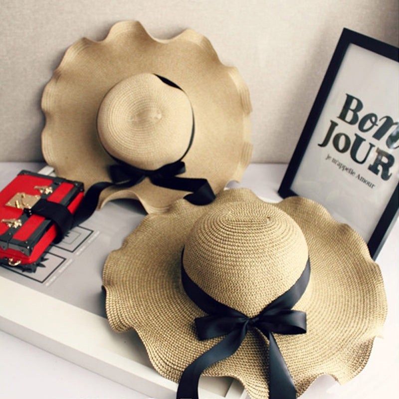 Bow Wavy Brim Hat Seaside Beach Ladies Foldable