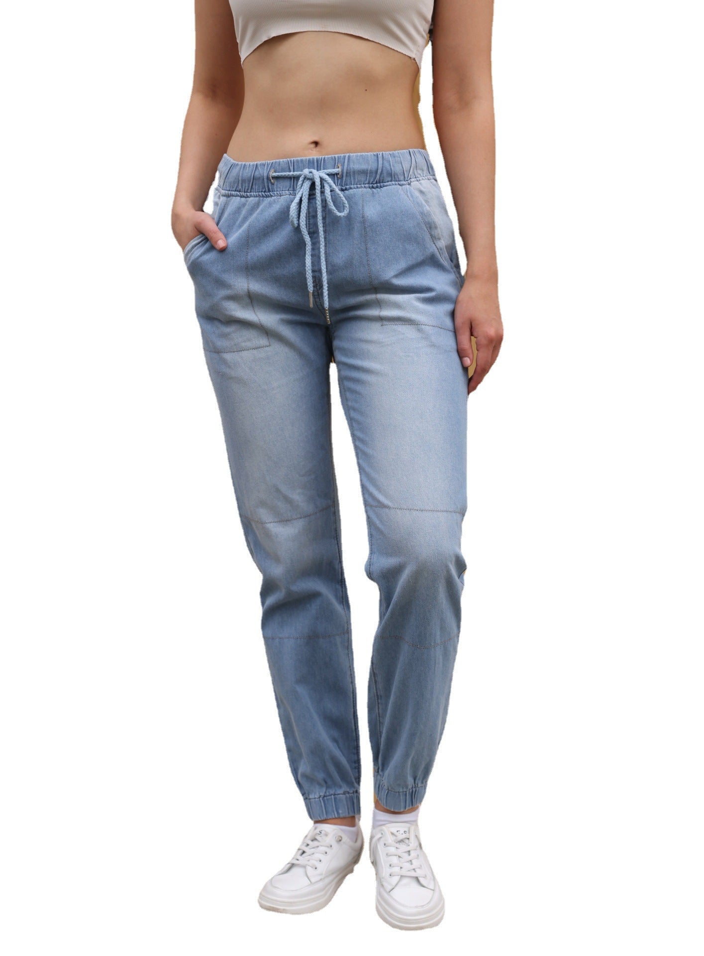 Casual Lyseblå Jeans med Elastisk Talje og Bindebånd