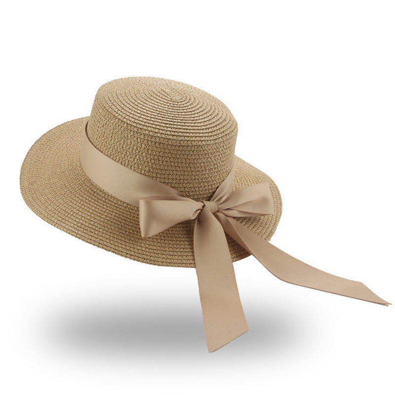 Women's Summer Bow Ribbon Flat Brim Straw Hat