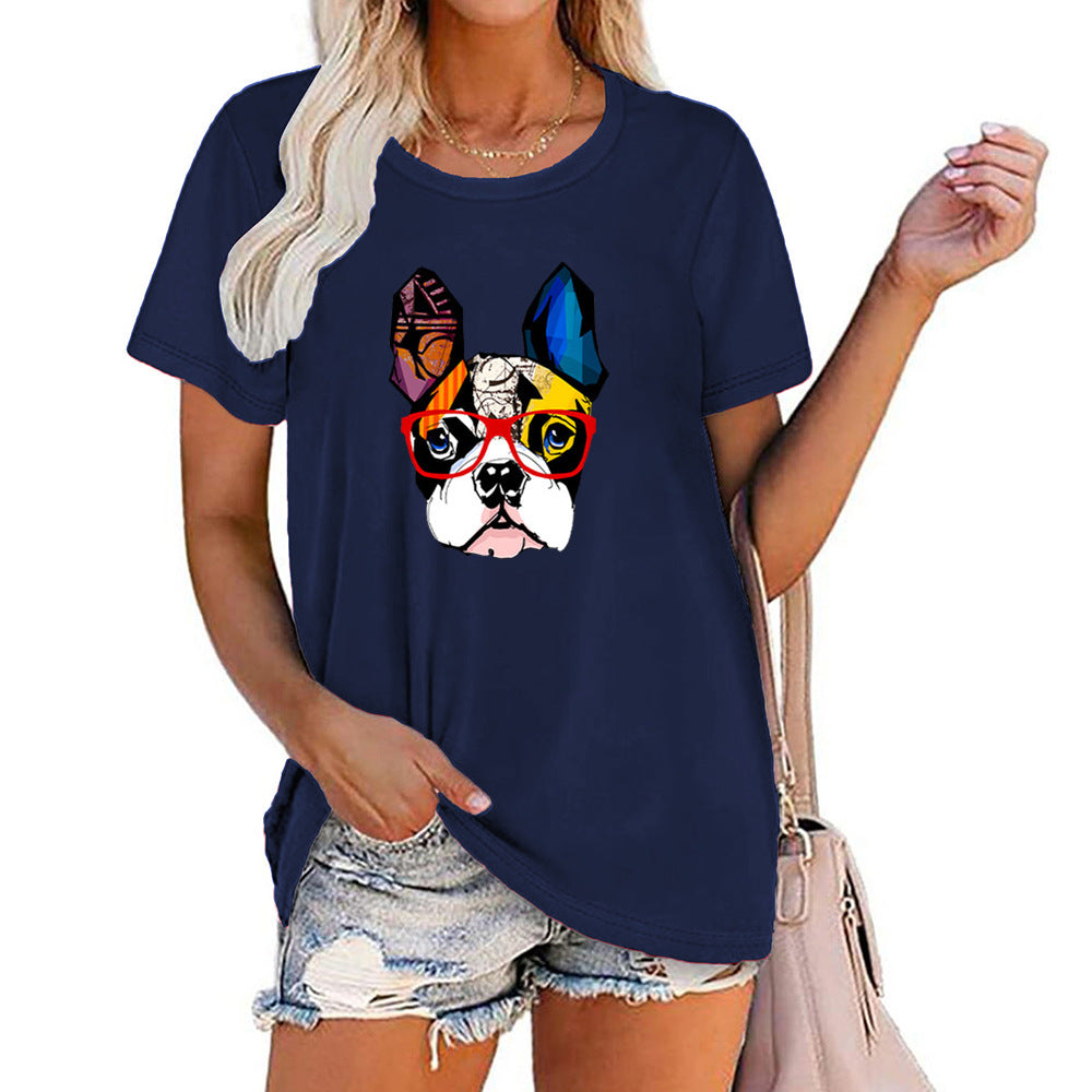 New European And American Dog Print Top With Glasses Short Sleeve