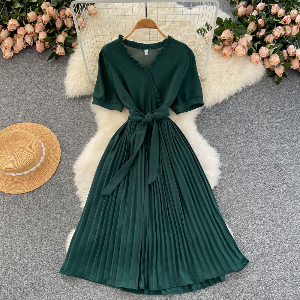 Fashionable Waist-cinching Tie-front Slimming Solid-color Minimalist Dress