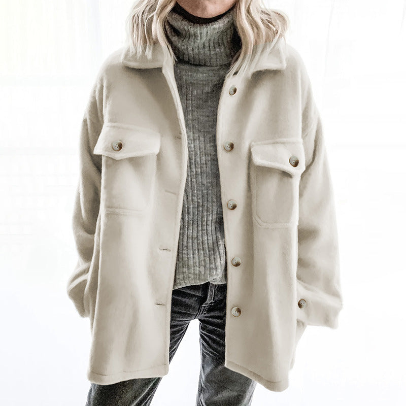 Women's Solid Color Pocket-breasted Lapel Woolen Coat