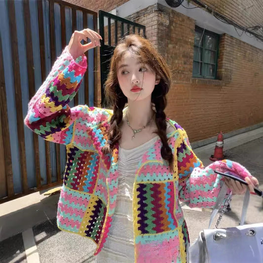 Sweet Heavy Industry Color Woven Crochet Loose Slim Long Sleeve Sweater