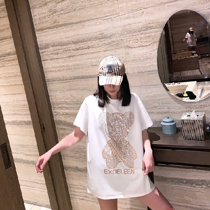 Gold Sparkling Hot Diamond Mid-length T-shirt Women