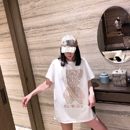 Gold Sparkling Hot Diamond Mid-length T-shirt Women