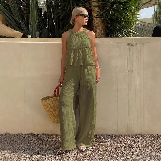 New Ruffled-shoulder Off-the-shoulder Halter-neck Sleeveless Fashion Wide-leg Pants Set