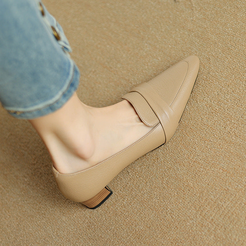 Full-grain Sheepskin Pointed-toe Chunky Heel Shoes Women's Spring New