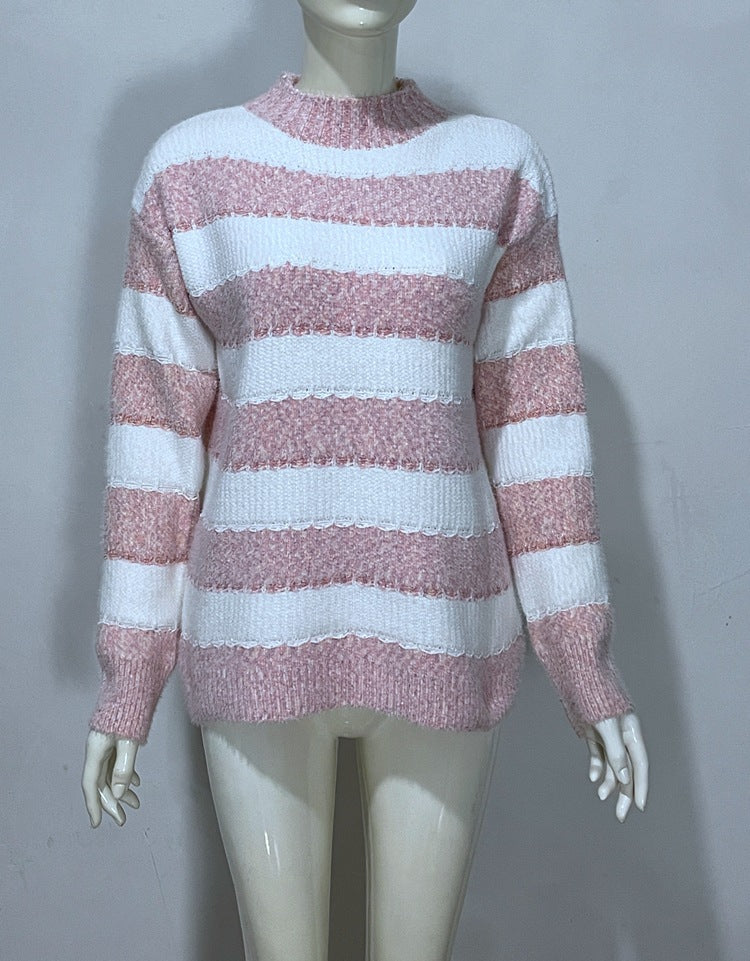 Embroidered Jacquard Pullover Loose Bottoming Shirt Mock Neck Sweater Coat