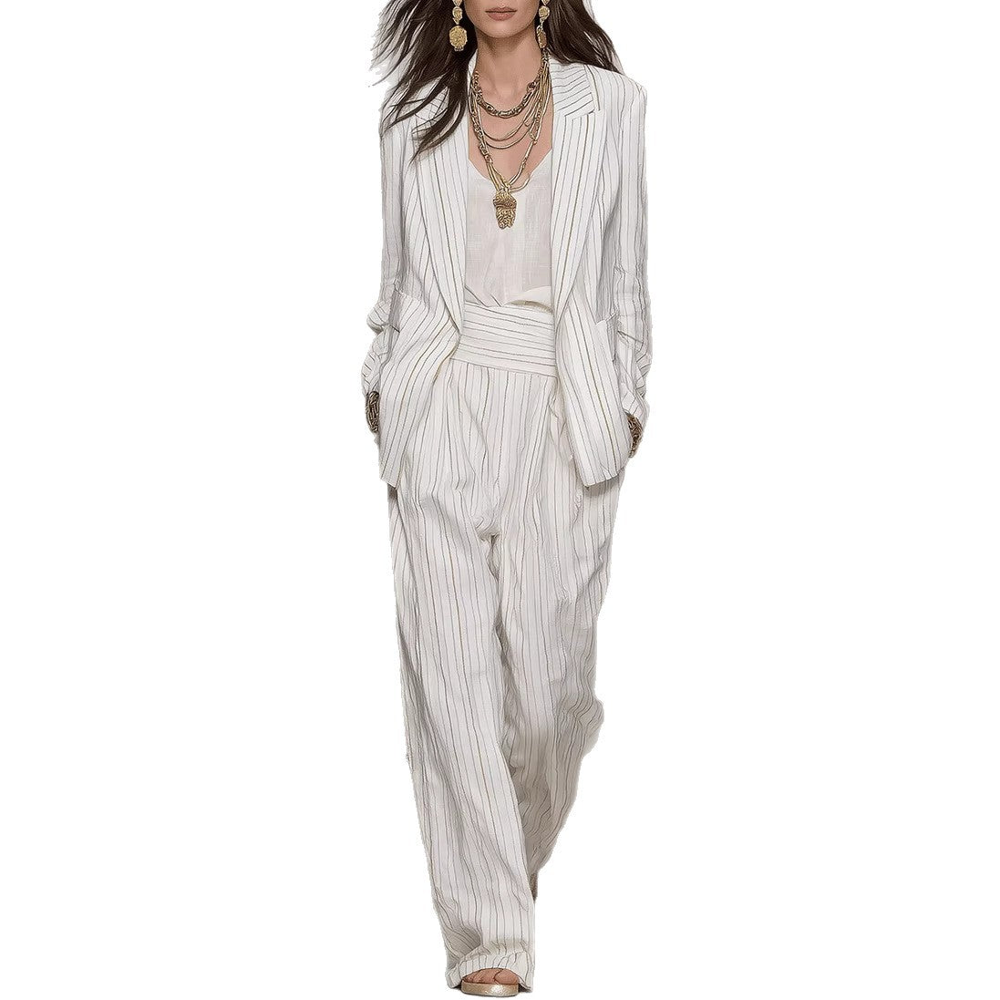 Womens Stylish And Elegant Striped Long-Sleeve Blazer And Pants Suit Set