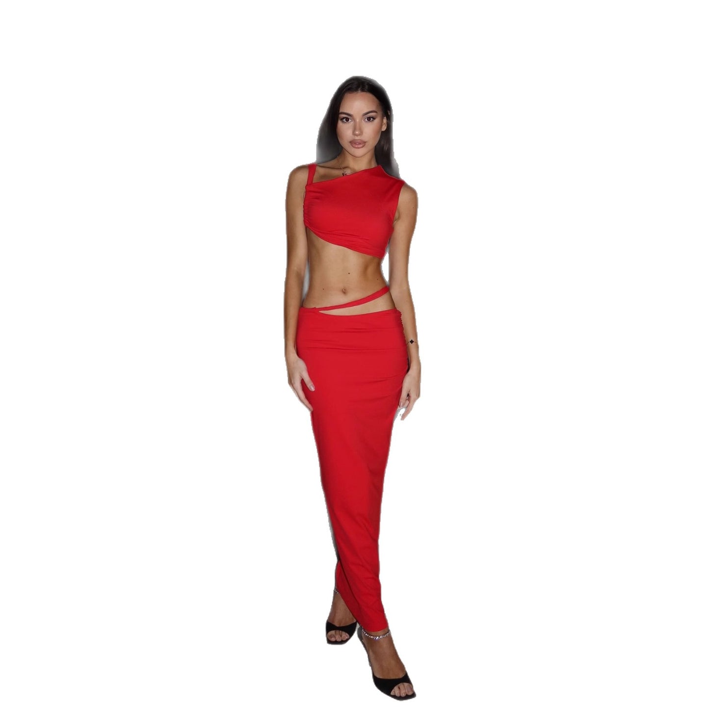 Womens V-neck Midriff-baring Top And Skirt Two-piece Set