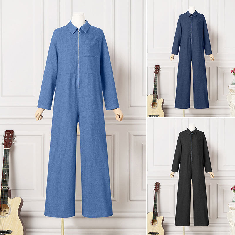 Plus-size Zipper Denim Jumpsuit For Women