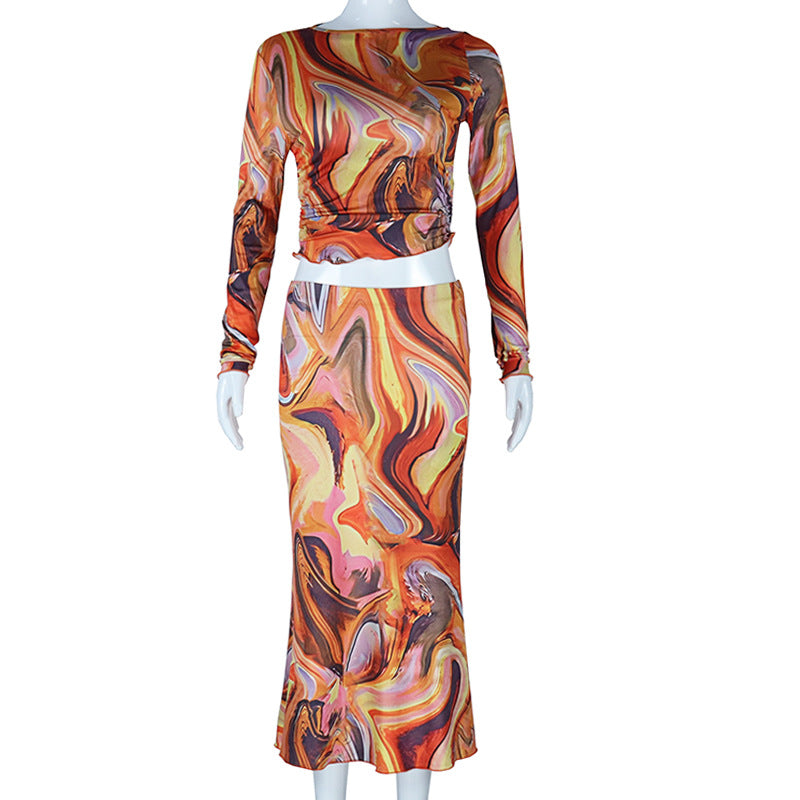 Printed Crewneck Long-Sleeve Midriff-Baring Top And Sheath Skirt Set For Women