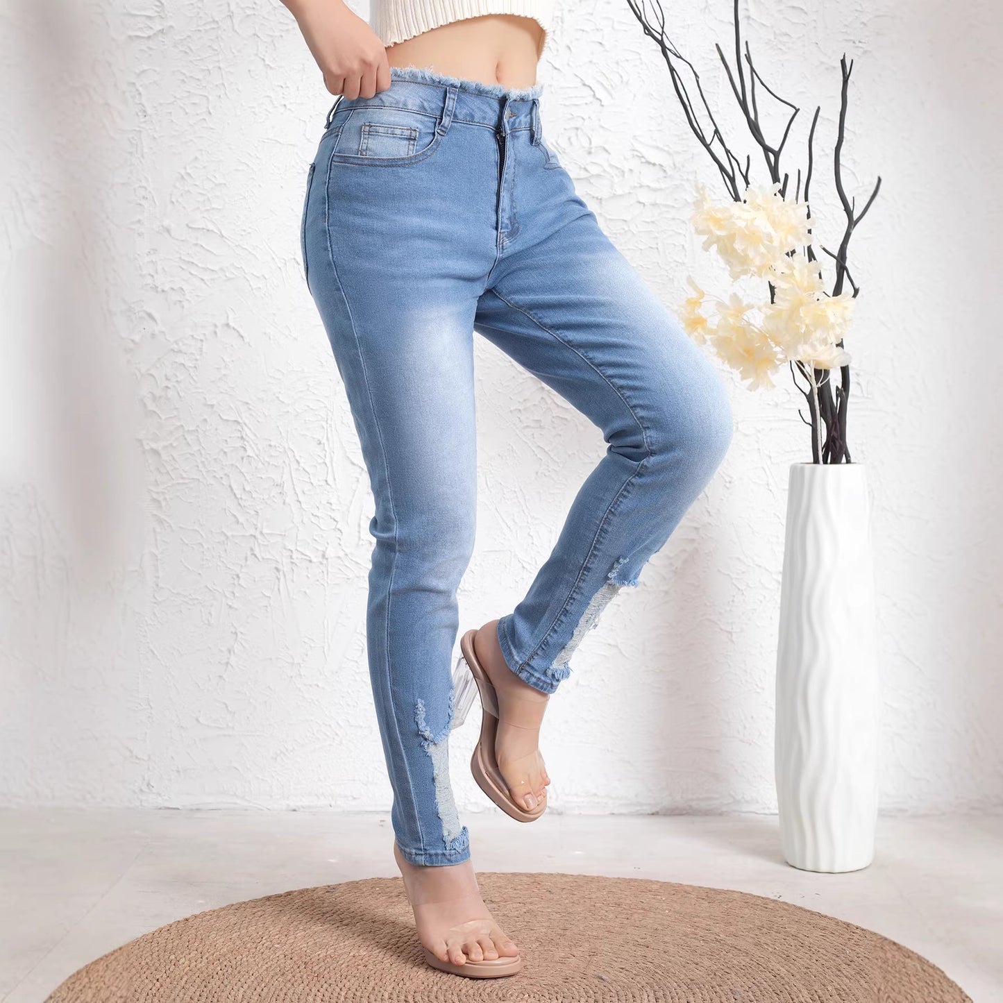 Retro Ripped Stretchjeans med Flossede Kanter