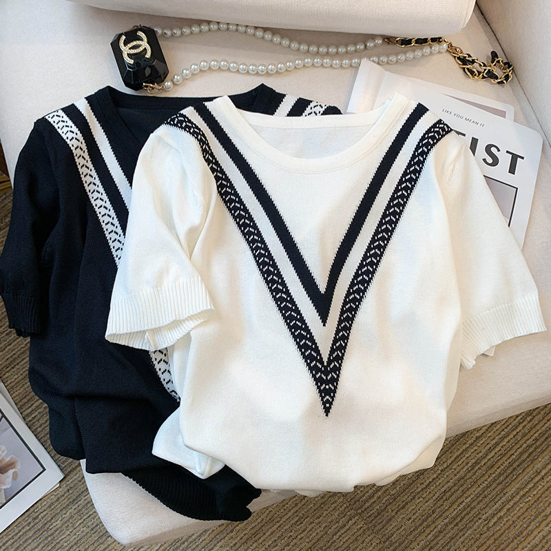 Striped T-shirt Contrast Color Jacquard Loose-fitting Sweater