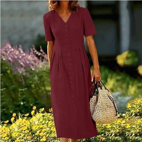 V-neck Shirt Dress With Short Sleeves For Women