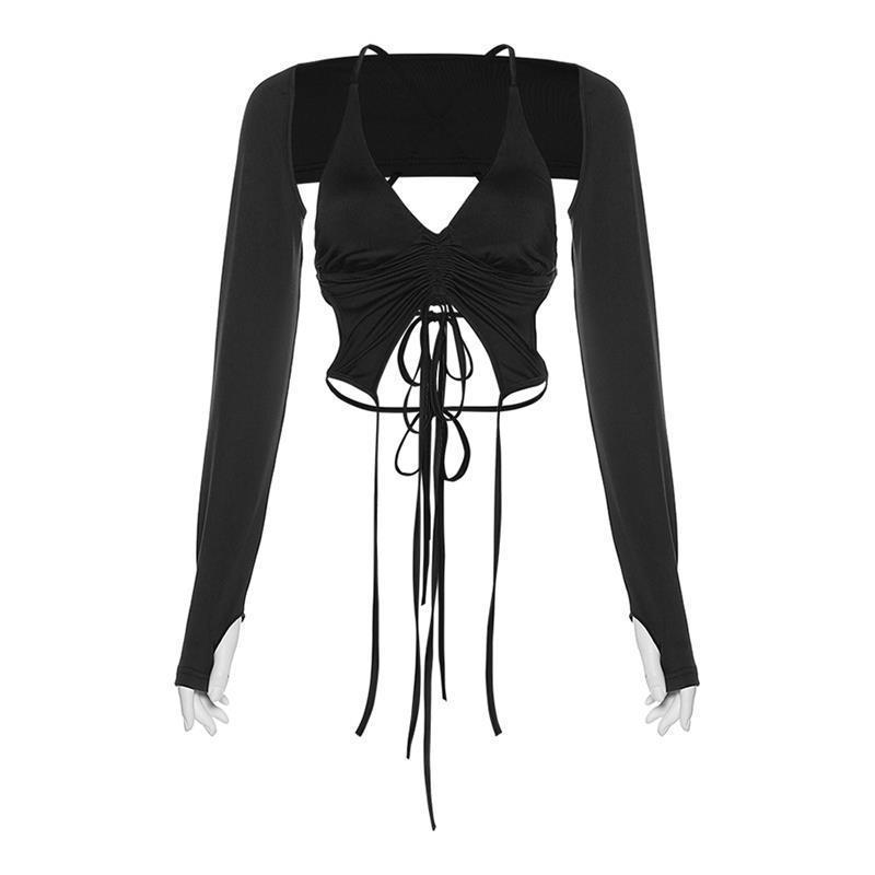 French Hot Girl Style Sexy Hollow Drawstring Halter Neck