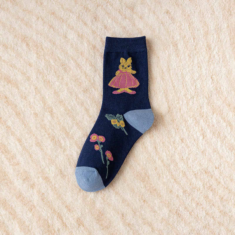 Cute Cartoon Striped Ladies In Tube Socks Ethnic Style Flowers
