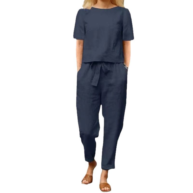 Women's Linen Cotton Summer Set Short Sleeve Vintage Set