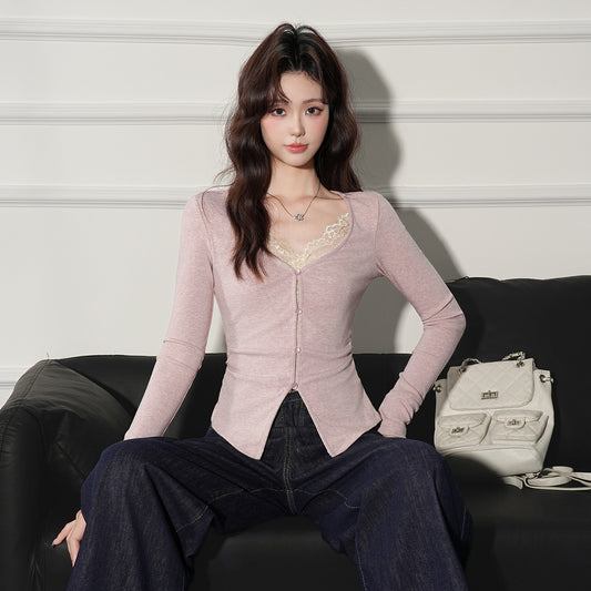 Women's Fake Two-piece V-neck Long-sleeved Top