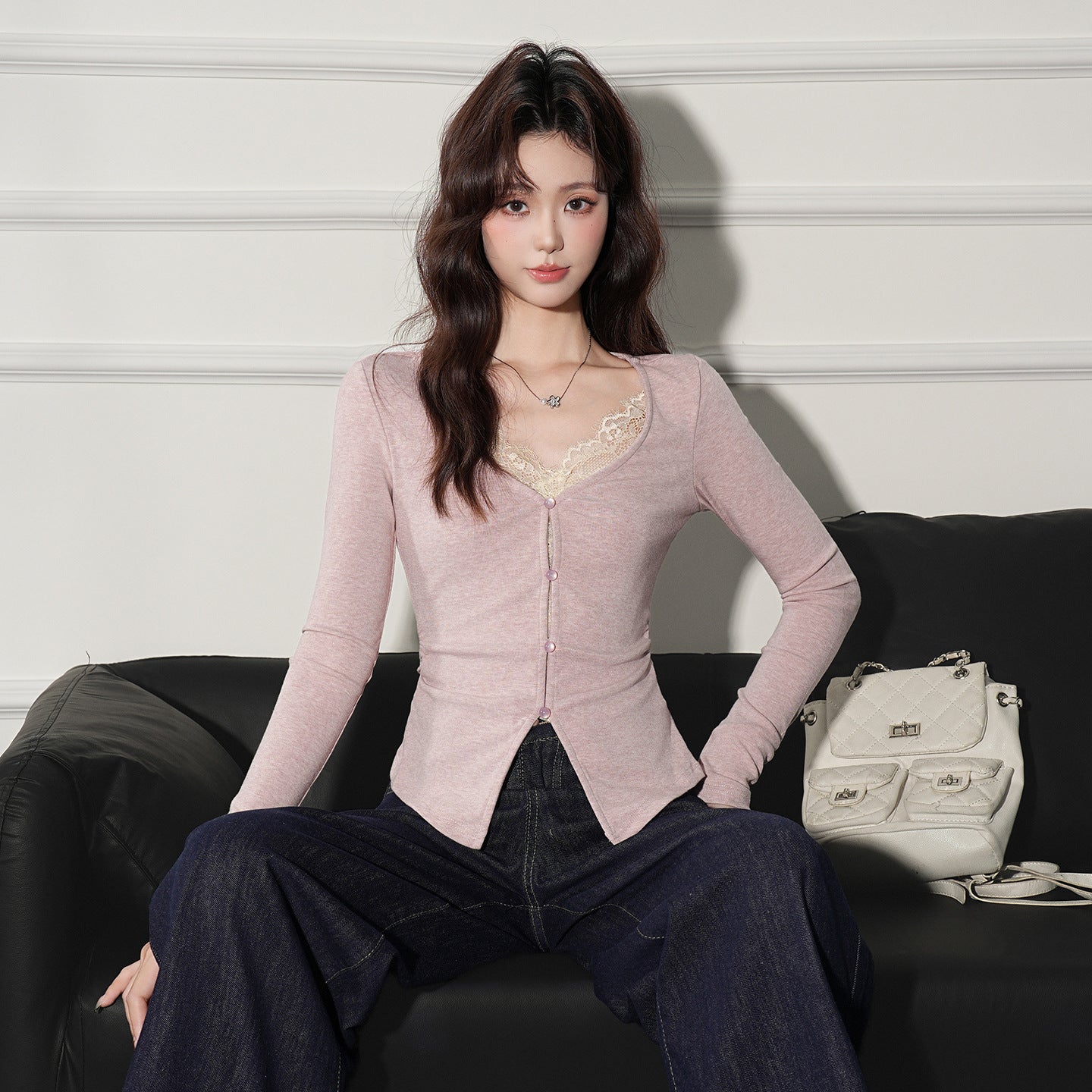 Women's Fake Two-piece V-neck Long-sleeved Top