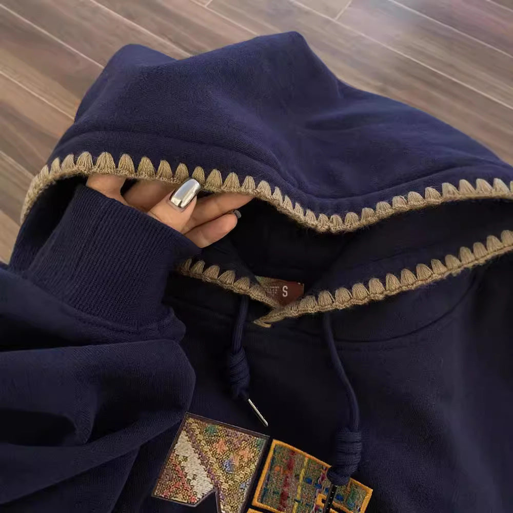 Retro Ethnic Style Woven Patch Versatile Loose Hooded Sweater