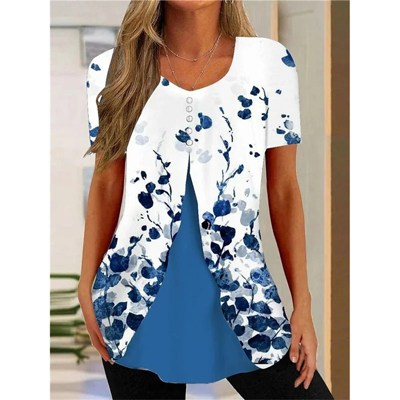 Women's Floral Print Round Neck False Two Pieces Button Short Sleeve T-shirt