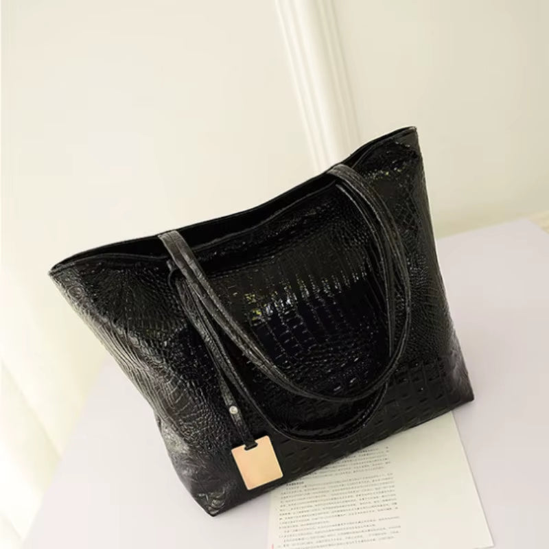 Elegant Crocodile Pattern PU Leather Tote Bags for Women in Silver, Gold, and Black