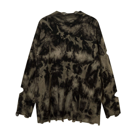 High Street American Beggar Style Tie-dyed Make Old Ripped Round Neck Sweater