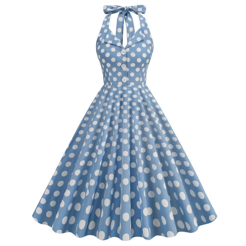 Womens Polka-Dot Halterneck Mid-Length Maxi Dress With Open Back