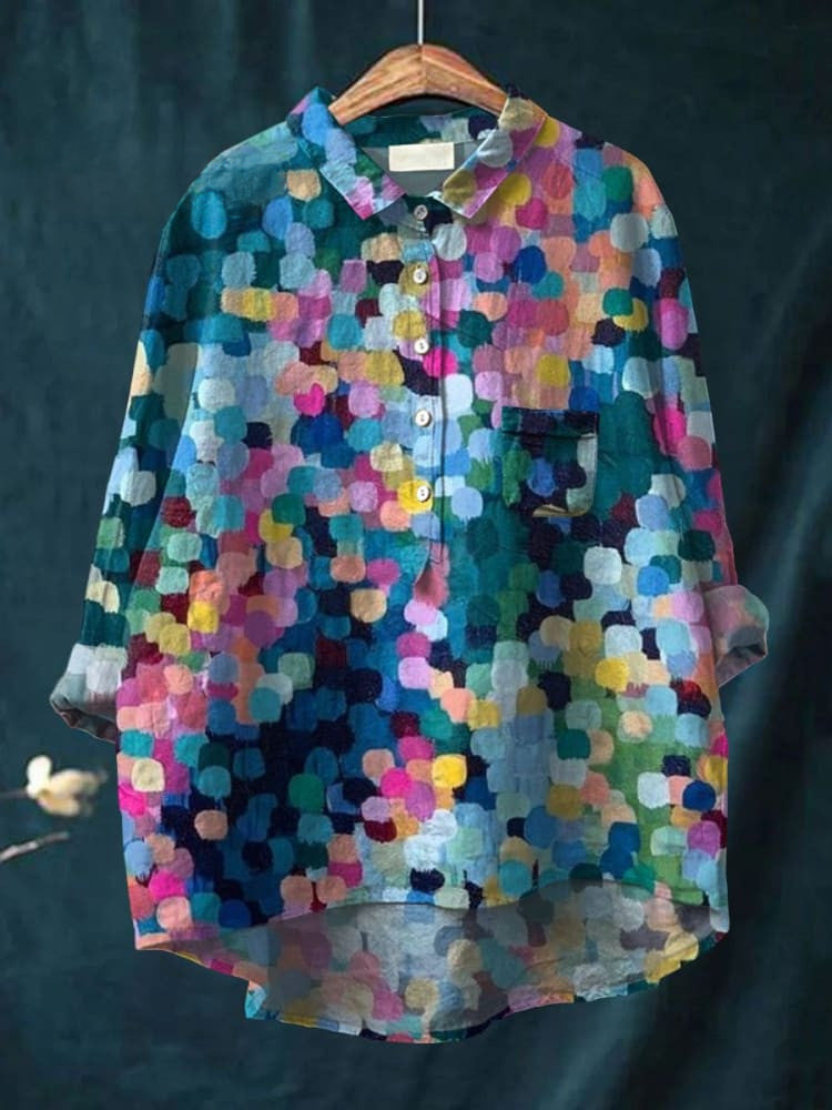 Womens Summer Loose-Fit Printed Lapel Casual European-Size Shirt