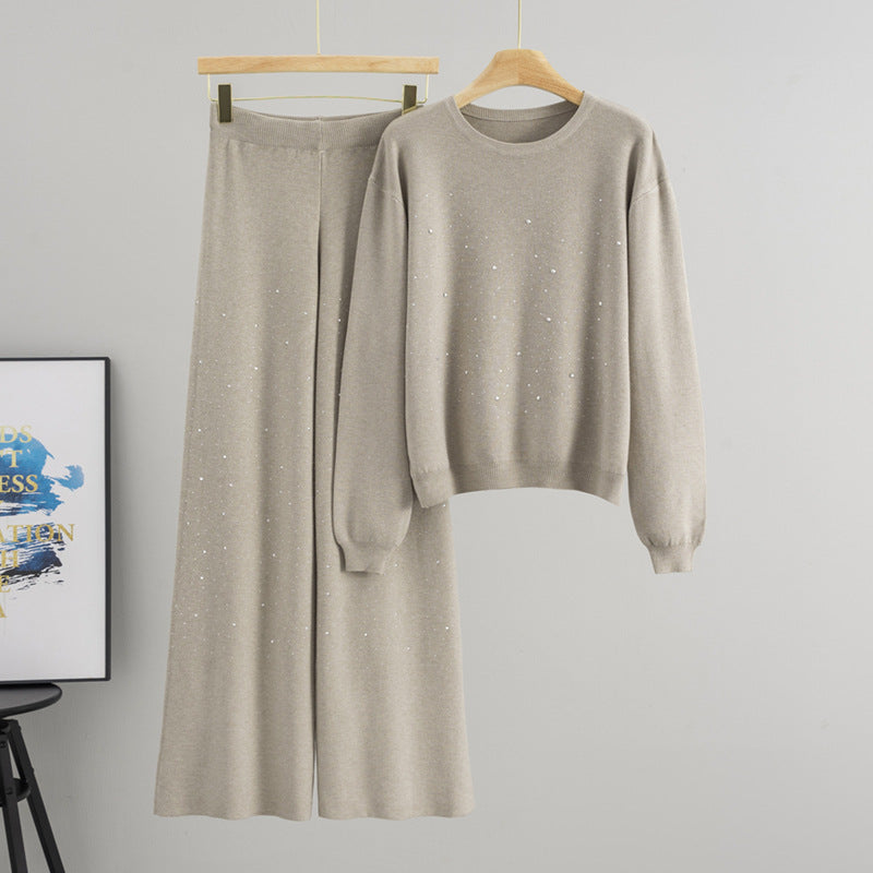 Starry Hot-Stone Round-Neck Pullover Knit Set