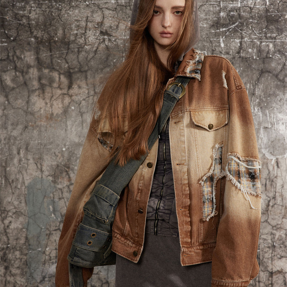 Tie-dye Ripped Wash Denim Coat Men's Punk