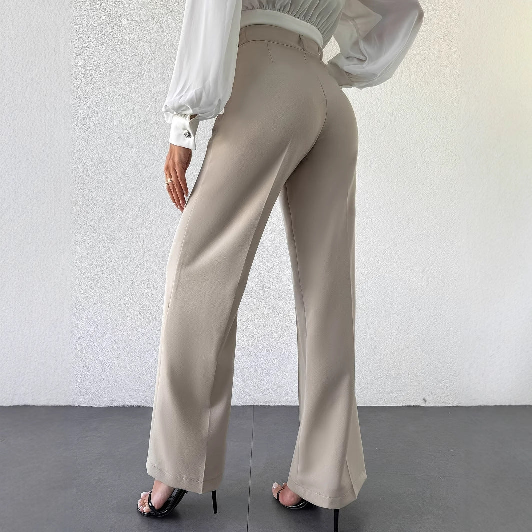New Fashion Temperament High Waist Slimming And Straight Casual Trousers Side Pocket French Commuter Business Trousers