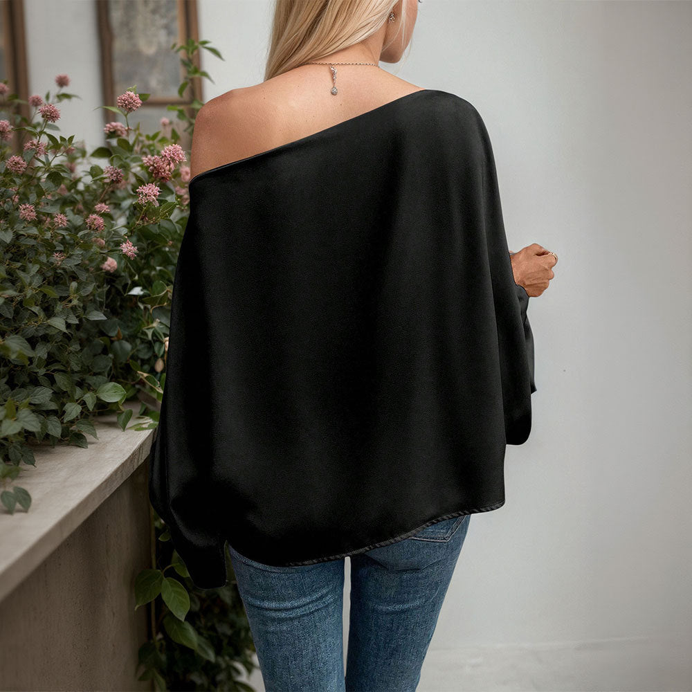 Women's Off-Shoulder Slanted Neckline Bell Sleeve Casual Solid Color Loose Top