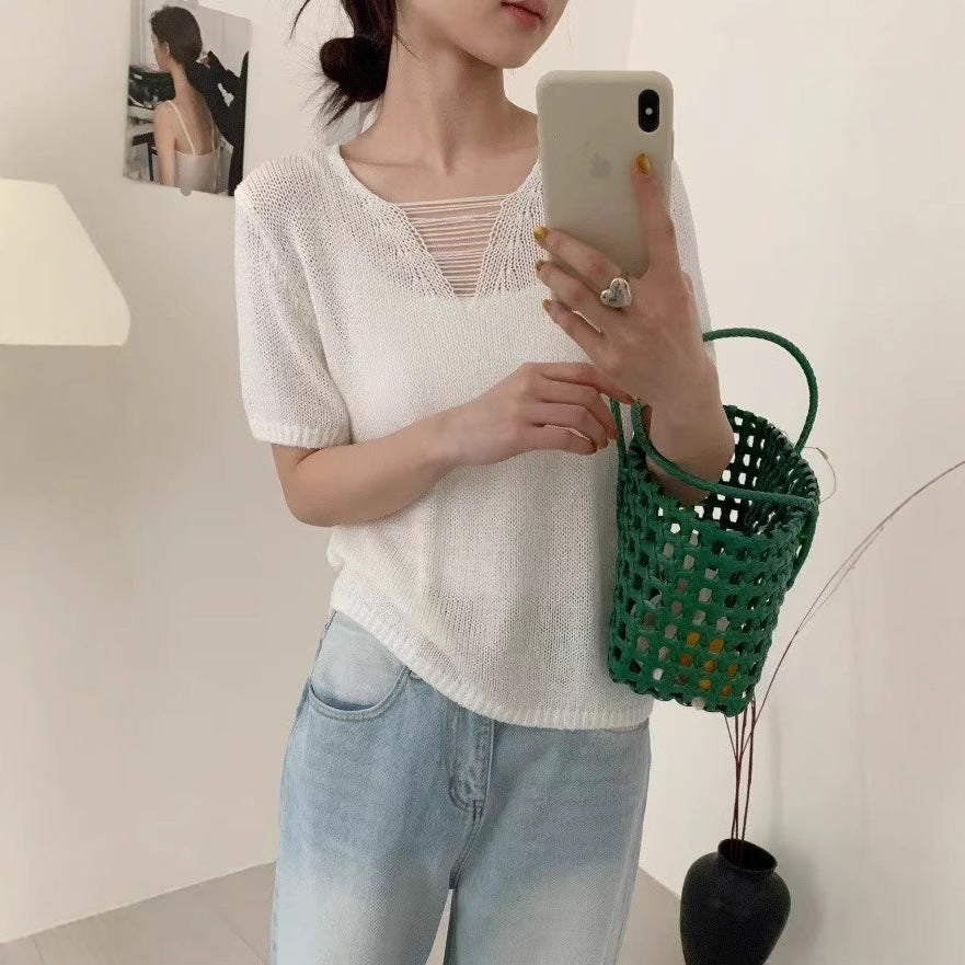 Fashionable Candy Color Gentle Hollow Out V-neck Short Sleeve