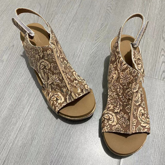 Retro Brown Pattern Large Size Wedge Sandals Platform High Heel